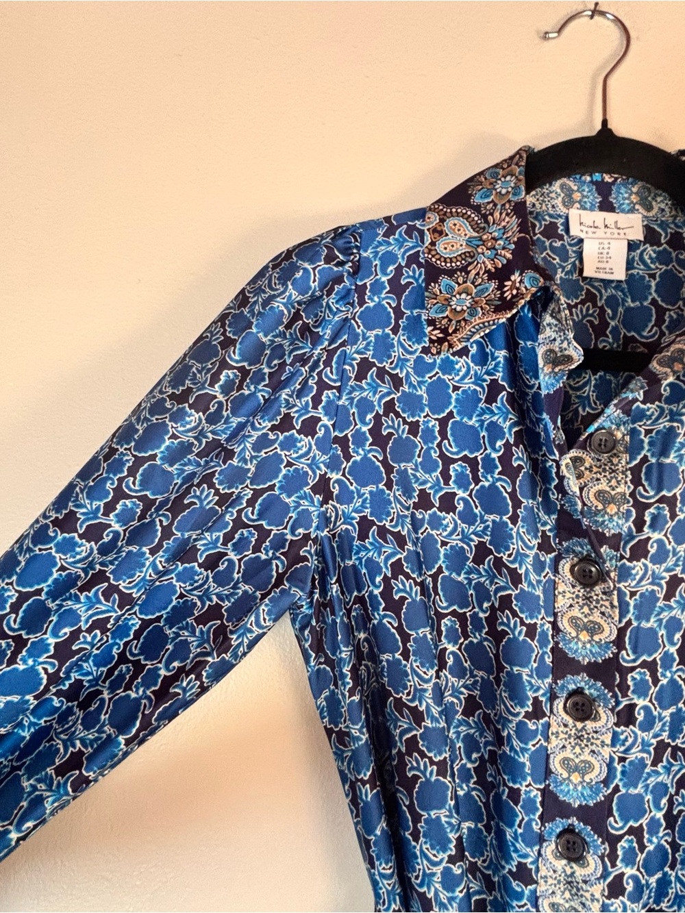 Nicole Miller New York Blue Floral & Paisley Button Down Maxi Dress w Tie Belt
